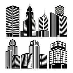 Collection of black and white stylized skyscraper and building icons for urban architecture design vector illustration