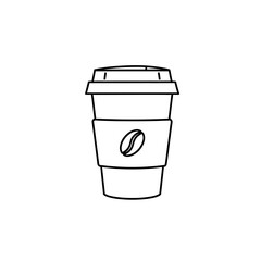 Simple black and white line art icon of a disposable coffee cup with a coffee bean symbol, vector illustration