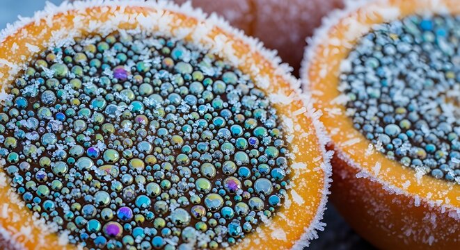 Close-up of a Colorful and Frosty Fruit Slice with Bubbles