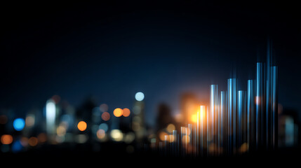 Abstract digital bar graph with glowing blue and orange lights over a blurred cityscape at night, symbolizing financial growth and data analytics