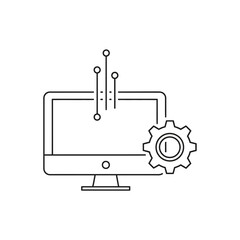 Outline icon of computer monitor with digital data flow and gear symbol representing technology setup or maintenance vector illustration