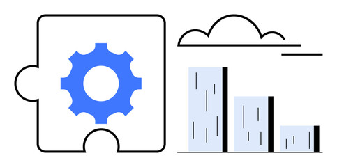 Gear puzzle piece beside vertical bar graph and cloud shape symbolizing connectivity, analysis, and teamwork. Ideal for technology, data integration, problem-solving, strategy, innovation, cloud