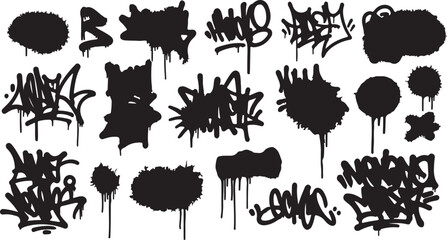 Assortment of Black Graffiti Tags and Drips on White Background spray paint on transparent background