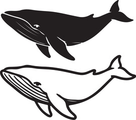 Black silhouette and outline of two whales swimming on a white background drawing illustration on transparent background