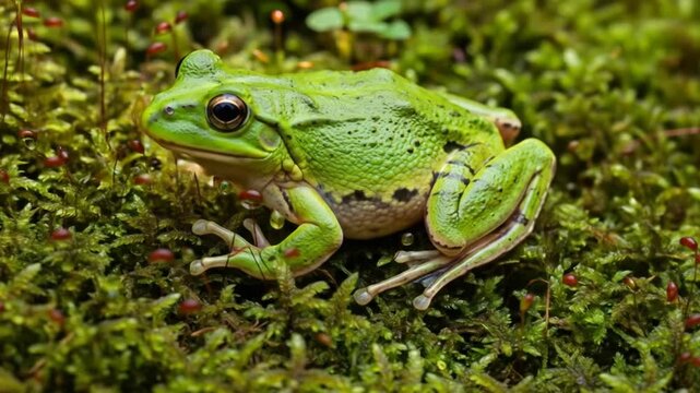 Green Tree Frog Resting on Mossy Ground with Tiny Red Sprouts and Soft Sunlight