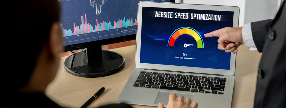 Computer software evaluating website loading speed. Concept of improving website loading speed brisk.