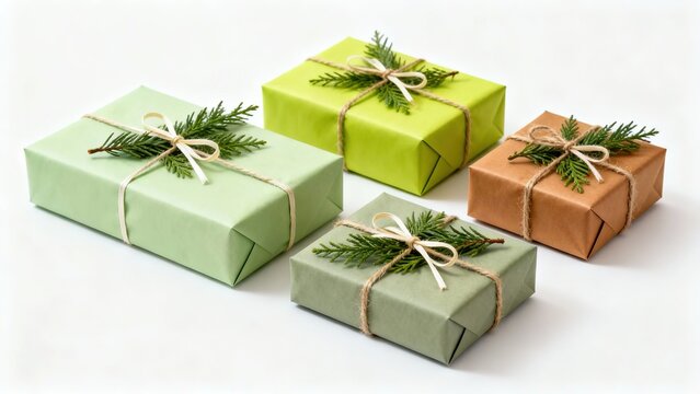 Four gift boxes wrapped in green and brown paper with twine and pine sprigs