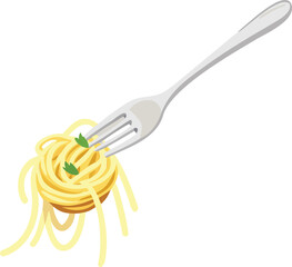 A silver fork lifting a small portion of yellow spaghetti with green herbs