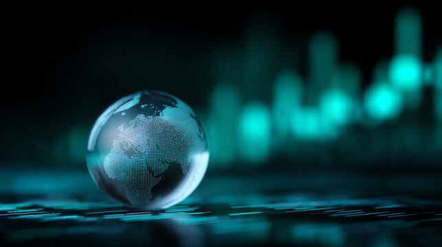 A glass globe with a digital map of the world rests on a keyboard, illuminated by teal-colored data visualization bars in the background, symbolizing global technology and finance