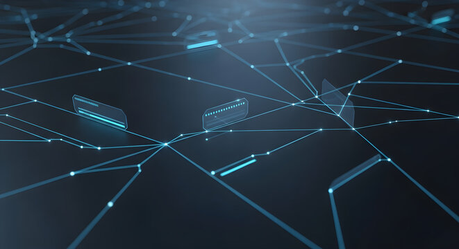 Abstract network connections and data streams visualize complex systems and future technology in a dark blue environment. isolated on white background