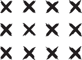Grid of twelve black hand-drawn cross marks on a white background tick check on transparent background