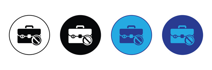 Briefcase icon with a prohibition sign overlay, symbolizing restricted access, business limitations, or unavailable service, in four distinct circular graphic variations.