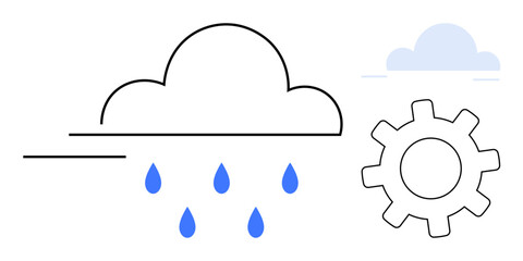 Cloud with raindrops beside a gear suggesting innovation, technology, and nature. Ideal for weather, teamwork, technology, efficiency, connection workflow sustainability. Clean flat metaphor