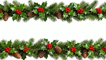 Holiday garland with holly, berries, pinecones, and evergreen branches arranged in a border design