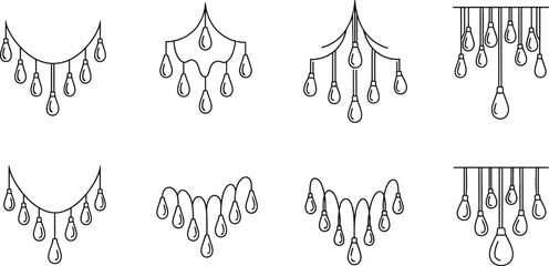 Collection of decorative hanging teardrop light and crystal chandelier elements, elegant line art border design for wedding, holiday, or luxury interior decoration.
