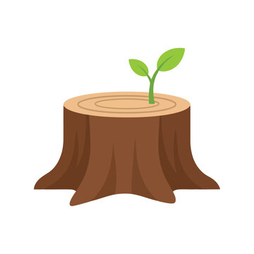 New life sprouting: green sapling on tree stump vector icon