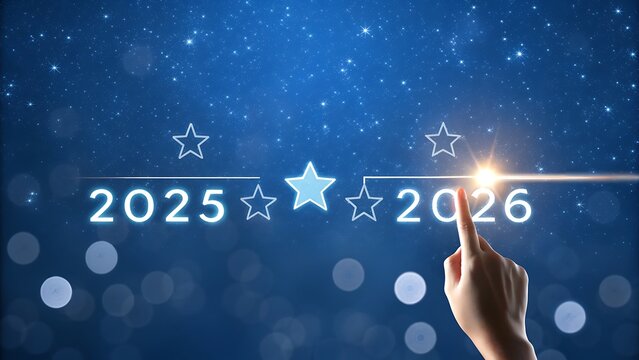 Hand touching a glowing star between the years 2025 and 2026 against a dark blue starry night sky background, symbolizing future planning and progress - Powered by Adobe