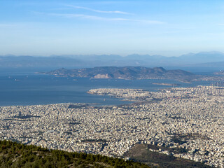 Athens coastal sprawl featuring Saronic Gulf from Hymettus, clear daylight view