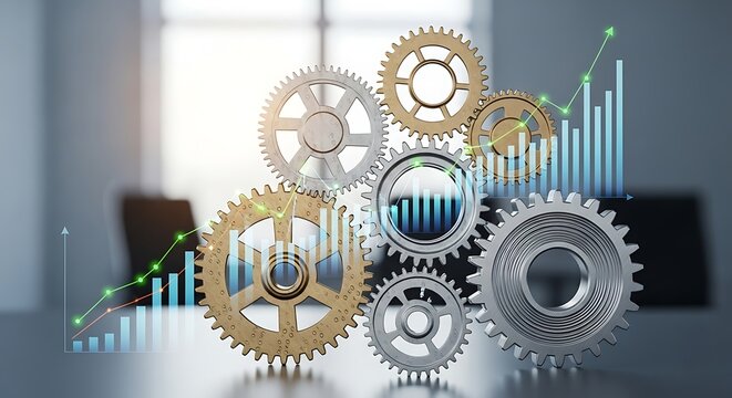 Gears and a rising graph, symbolizing business processes and growth.