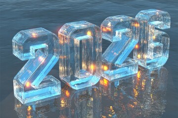 Icy "2026" floats on reflective water, glowing within