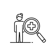 Obraz premium Line icon representing medical examination or health checkup with a person and a magnifying glass showing a plus sign vector illustration