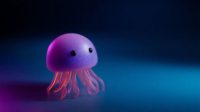 Cute purple jellyfish with glowing tentacles floating in a dark blue underwater environment, featuring a smooth, cartoon-like texture and big black eyes