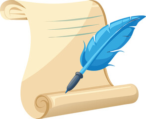 A beautifully illustrated image depicts a rolled parchment with a vibrant blue quill