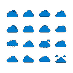 Blue Cloud Line Art Icons with Weather Conditions and Outline