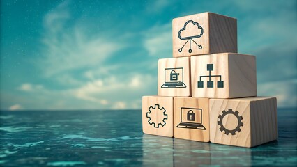 Stack of wooden blocks with icons representing cloud computing, data security, network, and technology concepts, set against a dramatic blue sky and water background