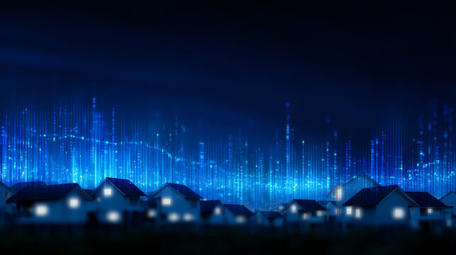 A futuristic digital cityscape at night with glowing data streams rising above illuminated houses, symbolizing smart technology and connected urban living - Powered by Adobe