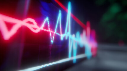 Vibrant red and blue neon waveforms pulse dynamically on a dark digital screen, evoking themes of technology, data, and electronic signals in a futuristic setting
