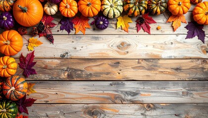 Pumpkins & leaves frame rustic wood. Fall aesthetic