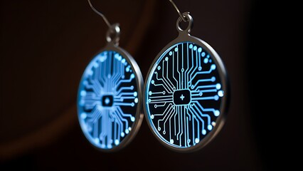 materialization. Elegant minimalist earrings with glowing embedded circuit pattern, fusion of fashion and technology. symbolizing technological progress and responsible innovation.