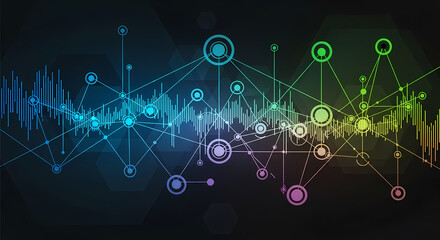 A glowing, dark abstract background with interconnected nodes and lines, forming a complex digital network or technology grid. Represents communication, data, security, and global connection.