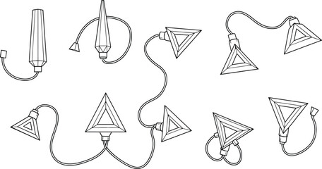 Collection of geometric triangular and cylindrical hanging string light elements, elegant line art decorative design for modern party, wedding, or architectural background.