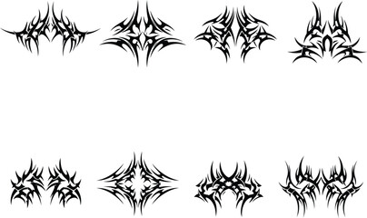 Collection of black tribal tattoo elements with sharp, stylized shapes and dynamic symmetric designs, abstract graphic motifs for body art and logo concepts.