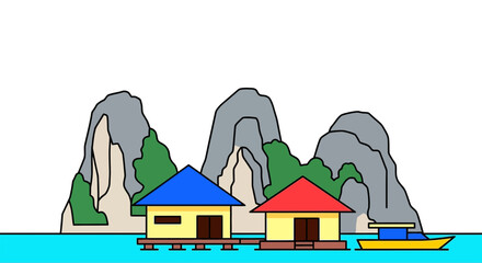 Island getaway illustration featuring stilt houses and boat