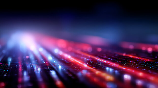 Abstract digital data streams with bright red and blue light trails on a dark background, representing futuristic technology and high-speed information flow