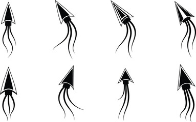 Collection of abstract arrowheads with fluid, trailing tentacle or tail elements, dynamic and tribal design concept for logo, game, or modern tattoo art set.