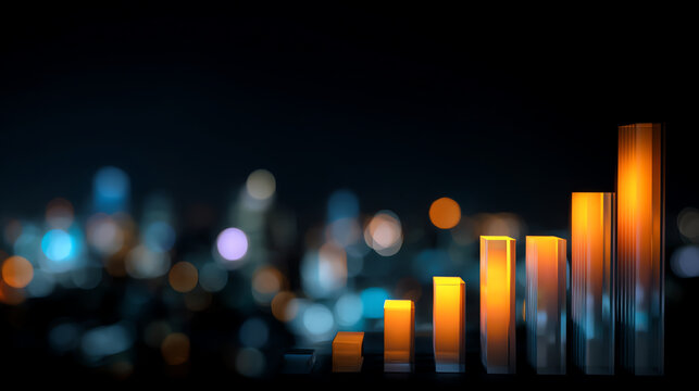 Abstract 3D bar graph with glowing orange bars rising against a blurred cityscape background, symbolizing growth, progress, and data analytics in an urban night setting