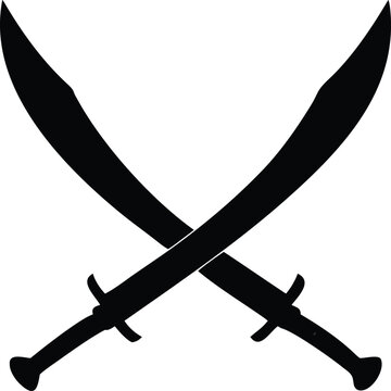 Two curved black swords crossed in an x formation simple graphic design element
