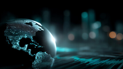 Digital globe with a glowing, pixelated surface representing Earth, set against a dark, blurred background with light streaks and bokeh effects, symbolizing technology and global connectivity