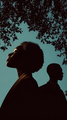 Silhouetted profiles of two individuals framed by tree branches against a moody, twilight sky create a striking visual contrast.