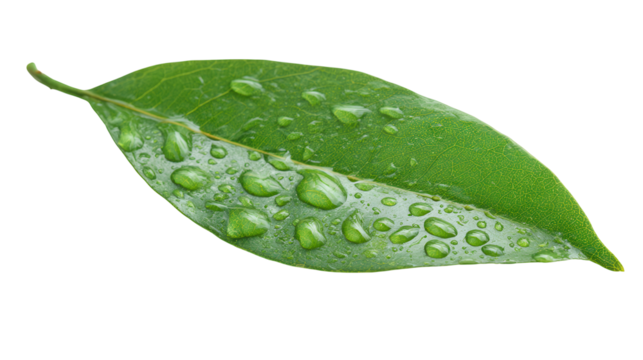 Green leaf with water droplets isolated on a transparent background