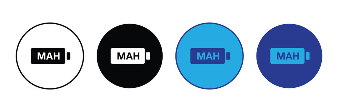 Four circular icons featuring a battery symbol with the text 'mah' inside, representing energy capacity and power storage across different backgrounds.