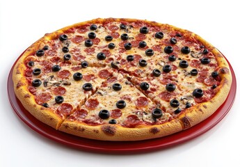 Round pizza with pepperoni, olives, and melted cheese