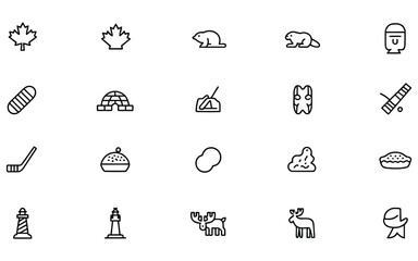 Fototapeta premium Collection of canada outline icons with maple leaf, beaver, hockey stick, inukshuk and igloo for logo, poster and banner design