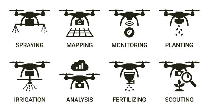 Agriculture drone icons for various tasks spraying mapping monitoring planting irrigation analysis fertilizing scouting