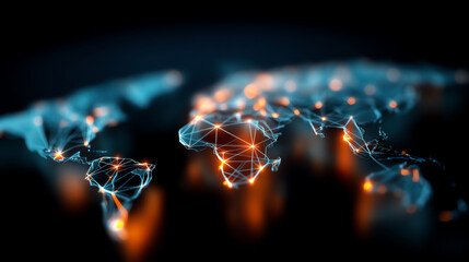 A glowing digital world map with interconnected nodes and lines, highlighting global connectivity and data exchange in a futuristic network design