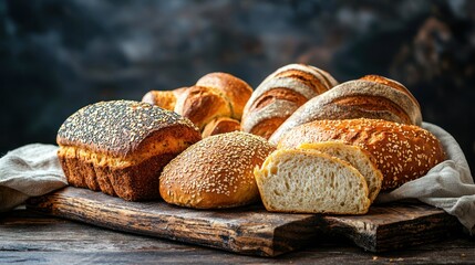 Various types of bread on a wooden cutting board.
